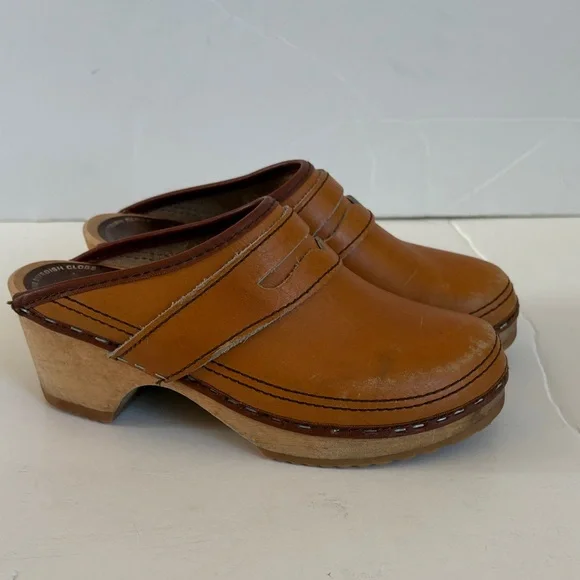 Vintage Lofsko genuine Swedish clogs wooden clog cognac colored leather size 35 - Picture 1 of 16